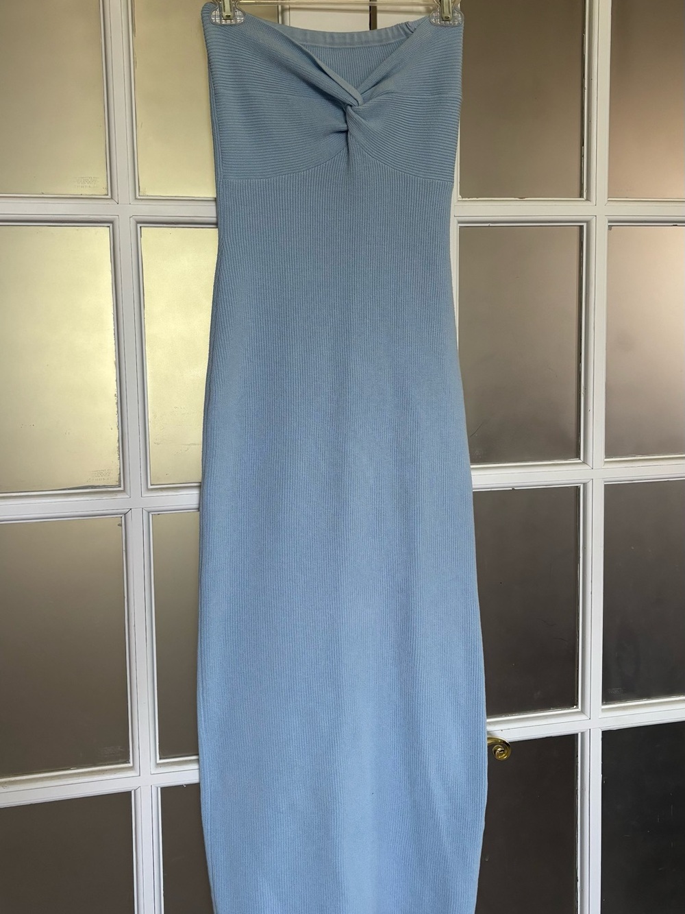 Light Blue Strapless Twist-Knot Knit Maxi Dress